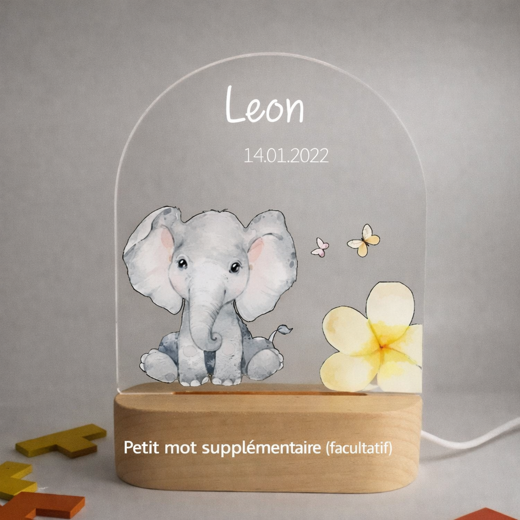Veilleuse de naissance personnalisée - Éléphanteau Papillons