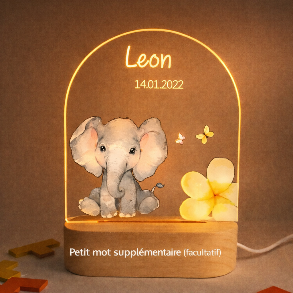 Veilleuse de naissance personnalisée - Éléphanteau Papillons