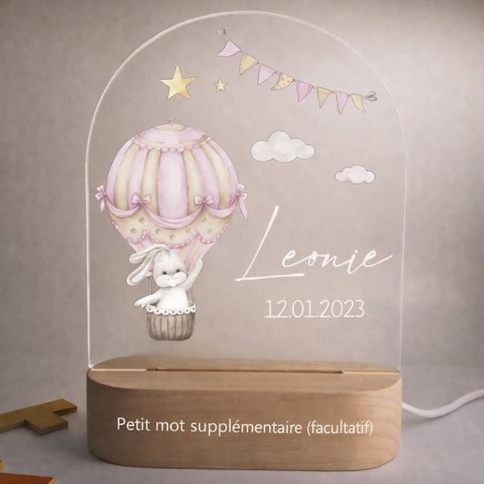 Veilleuse de naissance personnalisée - Lapin Mongolfière