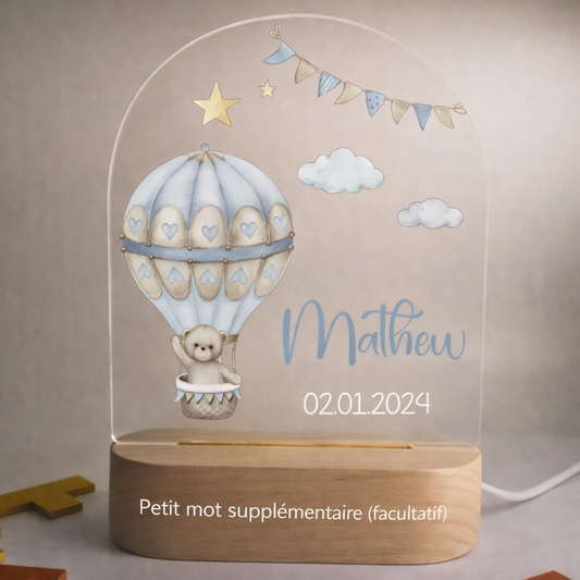 Veilleuse de naissance personnalisée - Ourson Mongolfière
