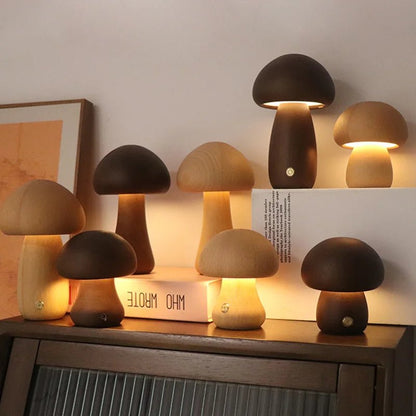 Lampe de chevet LED Champignon en Bois - Éclat Nocturne