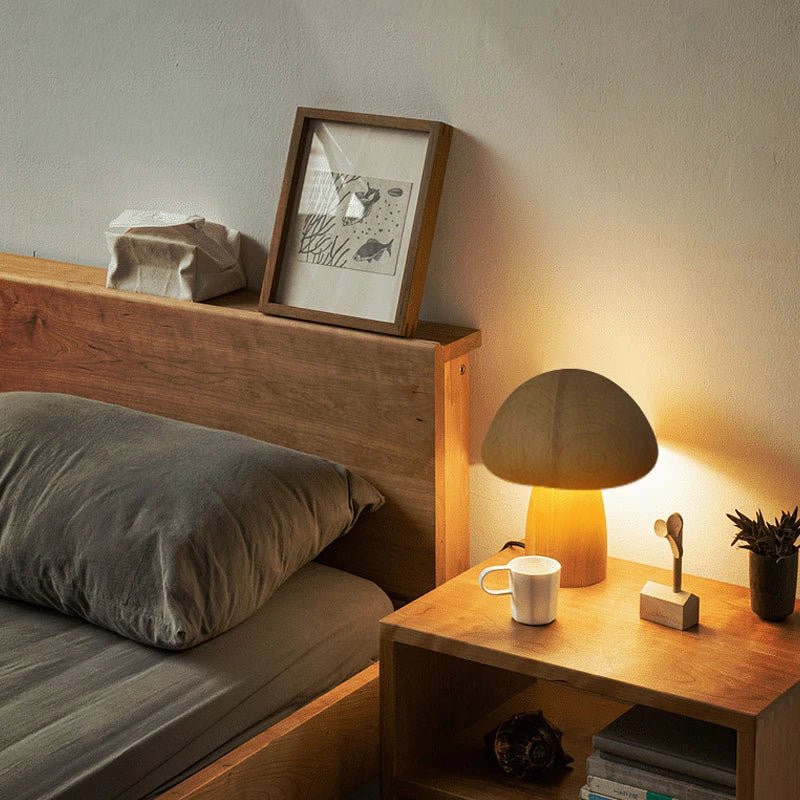 Lampe de chevet LED Champignon en Bois - Éclat Nocturne