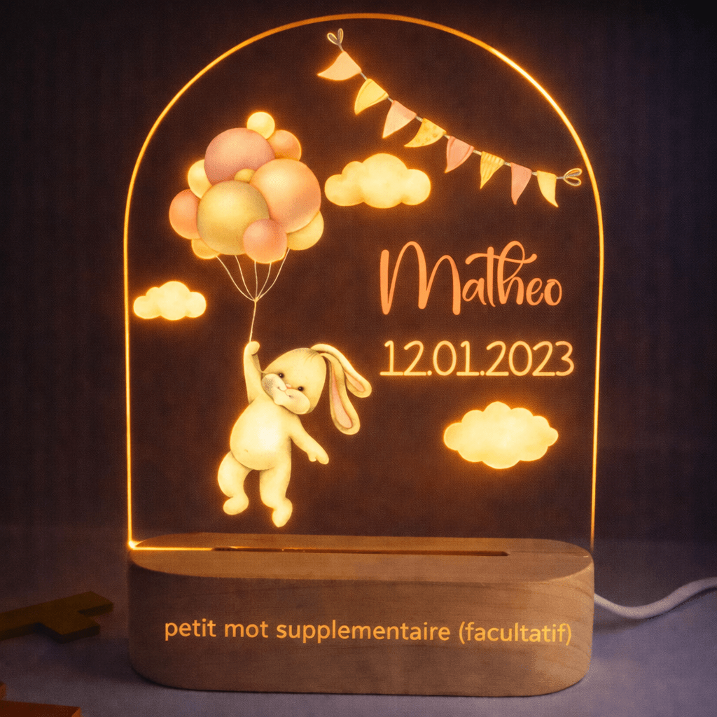 Veilleuse de naissance personnalisée - Lapin Rose - Éclat Nocturne