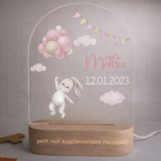 Veilleuse de naissance personnalisée - Lapin Rose - Éclat Nocturne