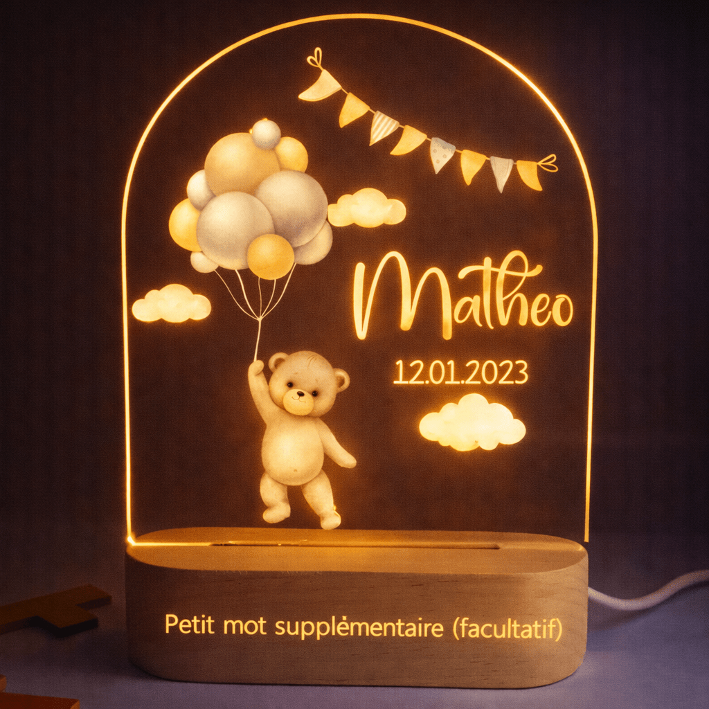 Veilleuse de naissance personnalisée - Ourson Bleu - Éclat Nocturne