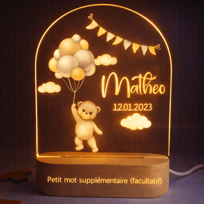 Veilleuse de naissance personnalisée - Ourson Bleu - Éclat Nocturne