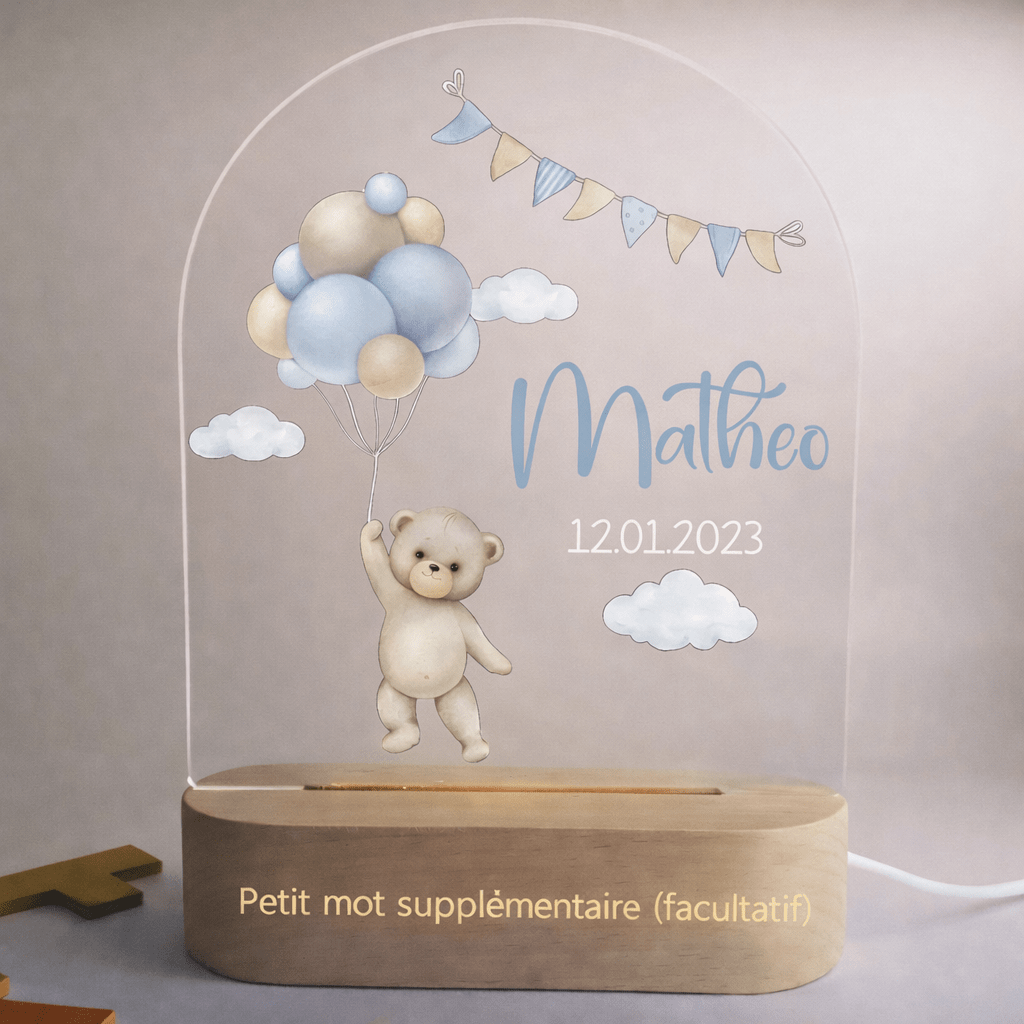 Veilleuse de naissance personnalisée - Ourson Bleu - Éclat Nocturne