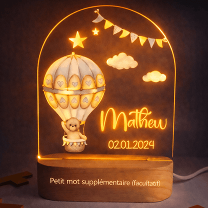 Veilleuse de naissance personnalisée - Ourson Mongolfière - Éclat Nocturne