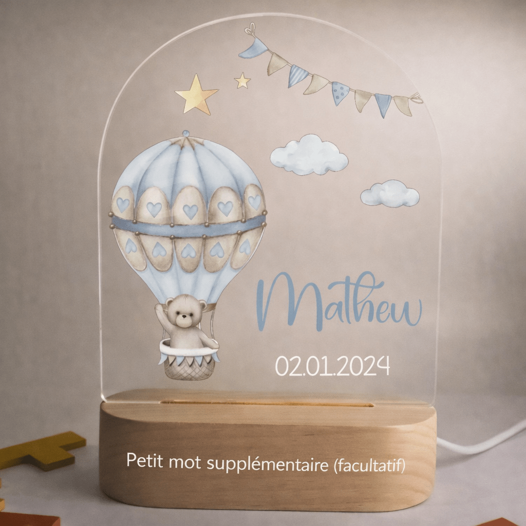 Veilleuse de naissance personnalisée - Ourson Mongolfière - Éclat Nocturne