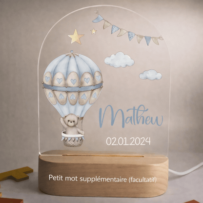 Veilleuse de naissance personnalisée - Ourson Mongolfière - Éclat Nocturne
