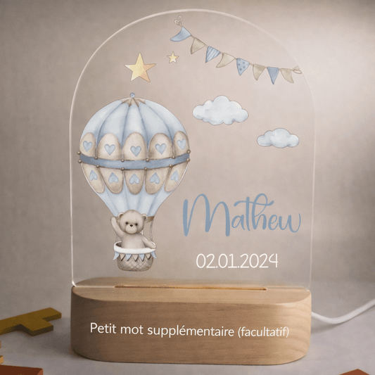 Veilleuse de naissance personnalisée - Ourson Mongolfière - Éclat Nocturne