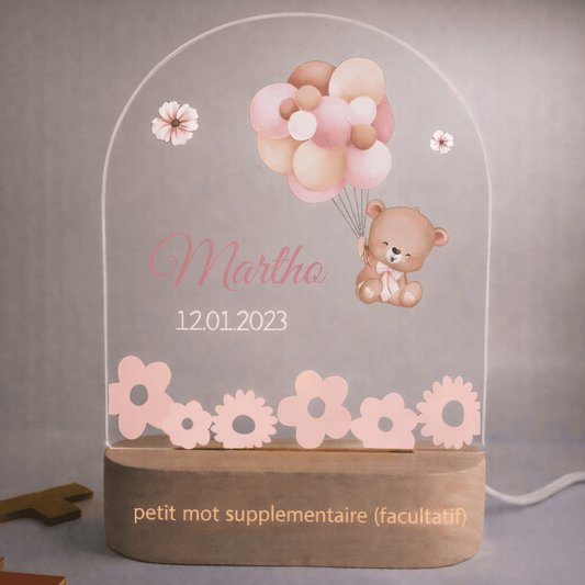 Veilleuse de naissance personnalisée - Ourson Rose - Éclat Nocturne