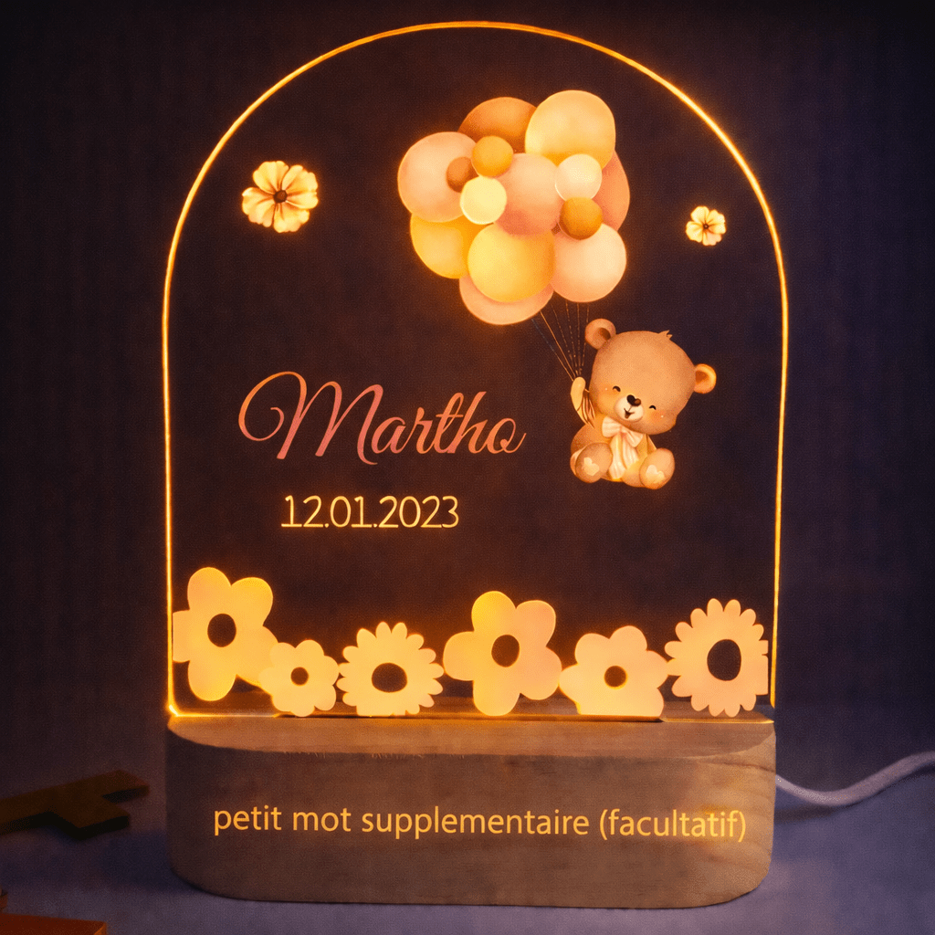 Veilleuse de naissance personnalisée - Ourson Rose - Éclat Nocturne