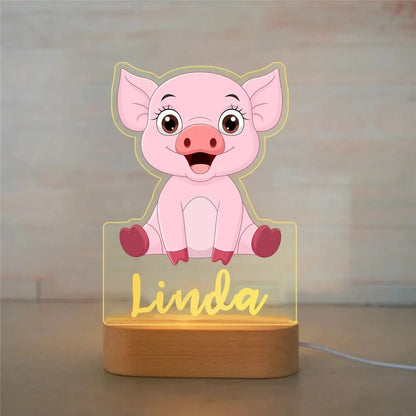 Veilleuse enfant personnalisée cochon avec prénom gravé, lumière LED douce blanc chaud, socle bois naturel