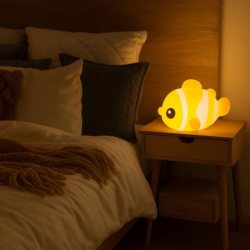 Veilleuse enfant poisson clown posée sur une table de chevet dans une chambre enfant